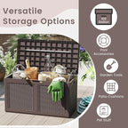 RELAX4LIFE 100-Gallon Resin Deck Box - Waterproof Outdoor Storage Box Container w/Lockable Lid & Wheels, Faux Rattan Porch Bench for Patio Furniture Cushions, Pool Accessories, Garden Tools (Brown)