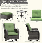 5 Piece Outdoor Patio Furniture Set Wicker Conversation Set Swivel Rocking Chairs with Side Table and Ottomans for Backyard, Porch, Deck, Green