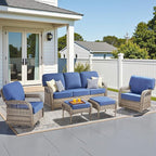 5 Pieces Patio Furniture Set Outdoor Sectional Sofa Couch with Rocking Swivel Chairs 5" Deep Seat Chairs, Modern Wicker Rattan Conversation Set, Blue/Gray Wicker