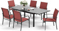 Patio Dining Set 7 PCS, Outdoor Red Dining Chairs for 6, Rectangular Steel Extendable Dining Table,Patio Dining Table and Chairs for Outdoor Lawn Garden,Deck.