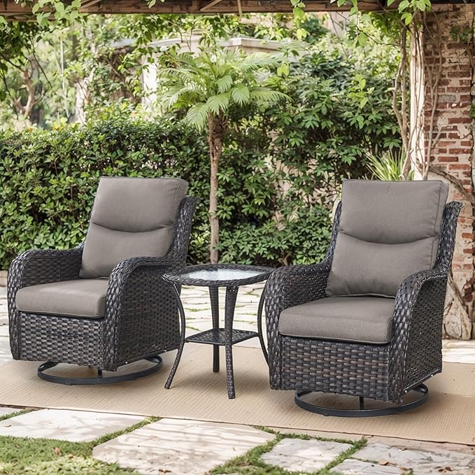 Patio Conversation Set with Smile-Shaped Cushions, Luxury Outdoor Swivel Chairs with Side Table and Ottomans, 5PCS PE Rattan Swivel Glider Chairs Set, Brown Wicker|Grey Cushions
