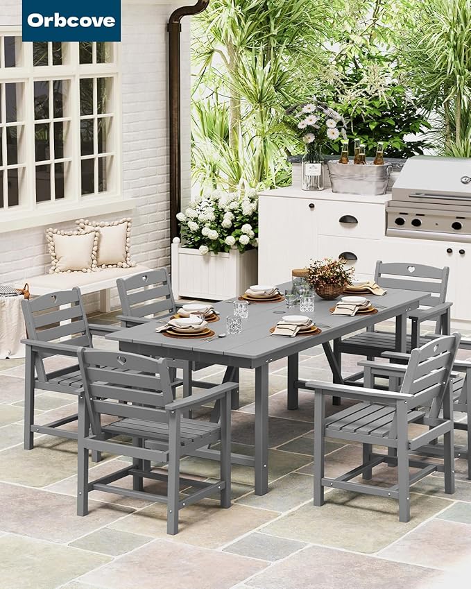 Patio Table and Chairs Set with Umbrella Hole, HDPE Patio Dining Set for 4, Outdoor Dining Set for Lawn, Patio, Porch, Deck, Poolside, Yard (Grey, 5-Piece)