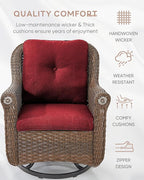 Patio Chairs Outdoor Swivel Glider - Set of 2 High Back Outside Brown Wicker Rattan Rocking Chair with Thick Cushion for Porch Apartment Deck Yard Poolside Garden - Red