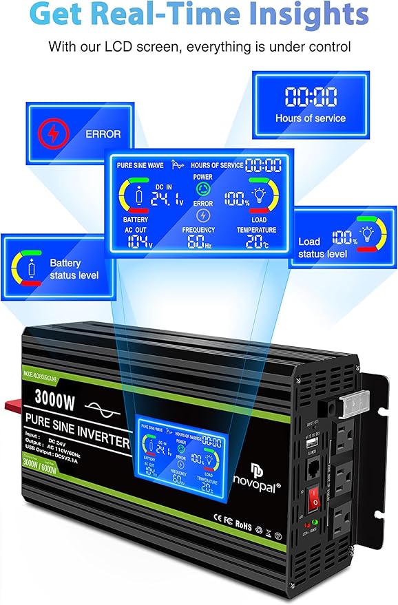 NOVOPAL 3000 Watt Pure Sine Wave Power Inverter 24V to 110V 120V Rv Inverters with 3 AC Outlets,High Power AC Terminal-16 ft Remote Control, LCD Display for Truck, Hurricane, Home