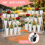 Flower Display Stand with Buckets, 3-Layers 12 PCS Buckets Plant Stand with Wheels, Movable Metal Plant Stand for Terrace Garden, Living Room, Florist Shop (White Frame - White Buckets, 3-Tier)