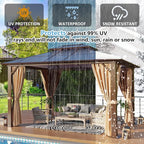 Aoxun 10'x12' Hardtop Gazebo, Aluminum Frame Permanent Pavilion with Curtains and Netting, Outdoor Polycarbonate Double Roof Canopy with String Lights, for Garden, Lawns, Patio, Brown