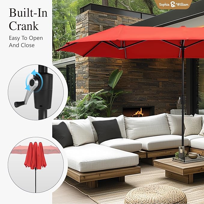 Sophia & William Patio Set with Umbrella Patio Dining Set for 6 with 13ft Rectangle Patio Umbrella Red, 6 x Patio Chairs Grey, 1 Wood Like Outdoor Dining Table with Umbrella Hole for Lawn Garden