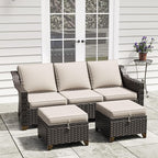 3 Pieces Outdoor Conversation Furniture Set - 77" Patio Sofa, 2 Rattan Wicker Ottomans, Patio Wicker Couch Set with Water-Resistant and Washable Cushions for Sunroom, Deck, Porch (Beige)