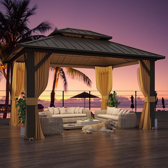 YOLENY 10' x 12' Hardtop Gazebo, Metal Gazebo with Aluminum Frame, Double Galvanized Steel Roof, Curtains and Netting Included, Pergolas for Patios, Garden, Parties, Lawns