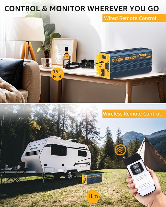 5000 Watt Power Inverter Pure Sine Wave 12V DC to 110V 120V 10000W Peak Heavy Duty Inverter with Remote Control and LED Display, 4 USB/Type-C Ports & 2 AC Outlets Car Charger for Vehicles RV