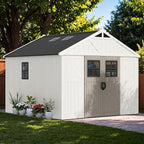 Greesum 10×10 FT Plastic Outdoor Storage Shed with Floor and Lockable Door, Resin Sheds with Windows and Skylights, Weather Resistant Organization for Garden, Lawn, Pool Supplies, Beige