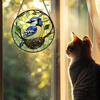 Stained Glass Window Hanging 4 Pcs Set Bird Theme On Branch 7.8" - Cardinal Suncatcher Door Garden Sun Catcher Decor Birthday Christmas for Mom Woman Nana Men
