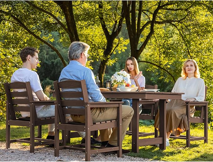 SERWALL 7-Piece Patio Dining Table Sets, Outdoor HDPE Dining Furniture Set with Umbrella Hole Cut-Out Table and 6 Chairs, All Weather Dining Set for Lawn, Garden, Backyard, Poolside, Coffee