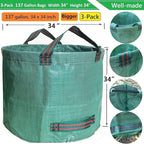 Professional 3-Pack 137 Gallon Lawn Garden Bags (D34, H34 inches) Big Yard Waste Bags with Garden Gloves, Extra Large Reusable Leaf Bags,Garden Clippings Bag,Leaf Container,Yard Trash Bags 4 Handles