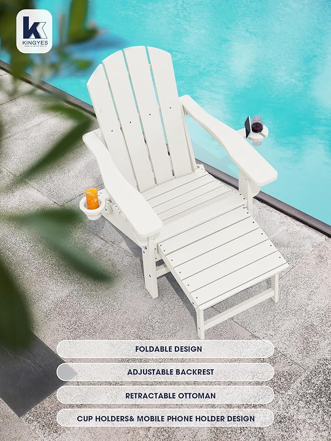 KINGYES Folding Adjustable Adirondack Chair with Ottoman & 2 Cup Holders Set of 2, HDEP Multifunctional Adirondack Chair with Footrest, White