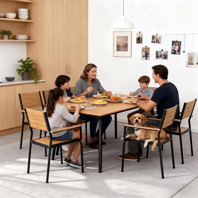 Outdoor Dining Table for 6, 70inch Patio Dining Table with Wooden-Like Top and Aluminum Frame, Rectangular Table with Umbrella Hole Outdoor Furniture, Brown