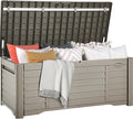 DWVO 120 Gallon Outdoor Storage Box, Large Resin Deck Box with Louver Design, Lockable Patio Storage Bin for Indoor and Outdoor Use, Pillows, Tools, and Pool Supplies -Light Brown