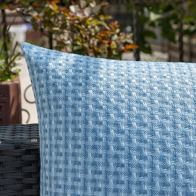 Kevin Textile Outdoor Waterproof Throw Pillow Covers Pack of 2 Weaving Texture Water Resistant Outside Decorative Cushion Covers for Garden Patio Tent Balcony Bench Couch Sofa 18x18 Inch, Light Blue