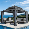 SUNJOY Kingston 12' x 12' Hardtop Gazebo with Galvanized Steel Double Roof, Curtain and Netting, Gray Aluminum Posts Permanent Pavilion Gazebo for Garden, Patio, Deck, Lawn