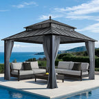 SUNJOY Kingston 12' x 12' Hardtop Gazebo with Galvanized Steel Double Roof, Curtain and Netting, Gray Aluminum Posts Permanent Pavilion Gazebo for Garden, Patio, Deck, Lawn