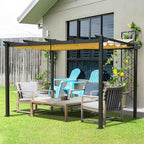Domi Outdoor Living 9’ x 13’ Outdoor Retractable Pergola Against The Wall with Weather-Resistant Canopy Aluminum Garden Pergola Patio Grill Gazebo for Courtyard(Beige Canopy)