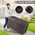 HAPPYGRILL 100 Gallon Resin Deck Box Outdoor Waterproof Storage with Lockable Lid, Rattan Texture Storage Container with Wheels for Pool Accessories, Garden Tool, Patio Furniture Cushion (Brown)