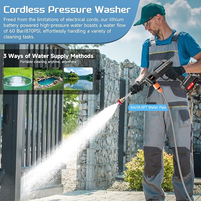 Cordless Pressure Washer Battery Powered, 1500W Portable Power Washer, 60Bar/870PSI Electric Pressure Washer Handheld High Pressure washers Gun with 2 Nozzles, 2 Battery, 5m Hose Cordless Jet Washers