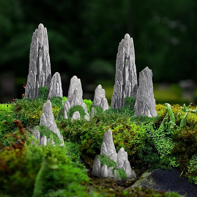 8pcs Miniature Bonsai Rockery Decor, Resin Fake Mountain Figurines, Garden Terrarium Accessories for Desktop and Micro Landscape