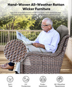 HUMMUH 6-Piece Outdoor Wicker Patio Furniture Set with Swivel Glider Chairs, 3-Seat Sofa & Ottomans 5” Olefin Cushions Ergonomic Neck-Lumbar Backrest All-Weather Rattan for Garden, Deck, Porch