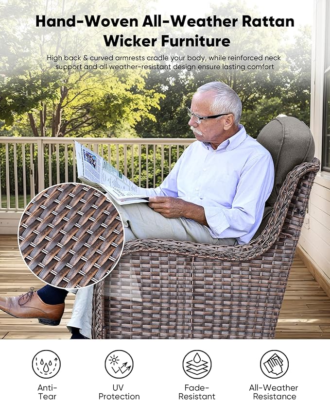 HUMMUH Outdoor Patio Wicker Swivel Rocker Chairs Set of 2 with 6-Inch Thick Cushion High Back Wicker Conversation Set for Porch Balcony Deck