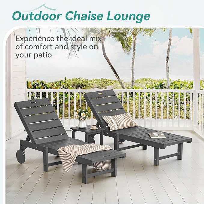 Outdoor Chaise Lounge Chairs with Table, 3-Piece, 26.8” Super Wide Lounge Chair Outdoor, HDPS Pool Chairs with 5 Positions, Patio Lounge Chair with Wheels for Pool,Lawn,Backyard, Dark Gray