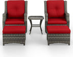 5 Piece Patio Furniture Wicker Conversation Set, 2 Swivel Chairs, 2 Ottomans with 1 Side Table, for Outdoors, Backyard, Deck, Red