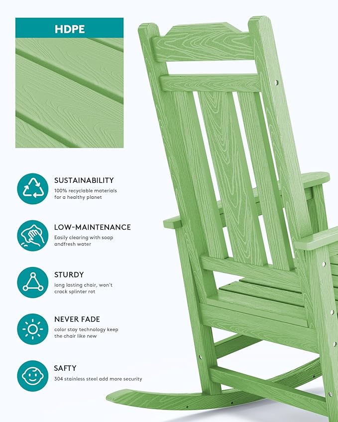 SERWALL Outdoor Rocking Chair Set of 4, Patio Rocking Chairs Set, HDPE Rocking Chair Outdoor for Adults, Heavy Duty Front Porch Rocker, Mint