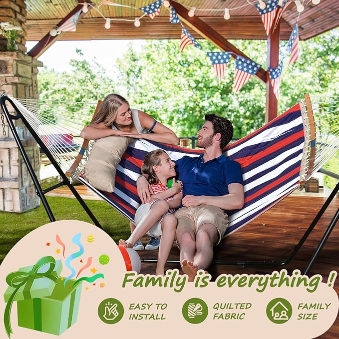Double Hammock, 11 FT Quilted Fabric 2 Person Hammock for Outside with Pillow, Folding Curved Spreader Bar, Chains, Carrying Bag, Indoor Outdoor, 450 IB Capacity, Trinidad Red