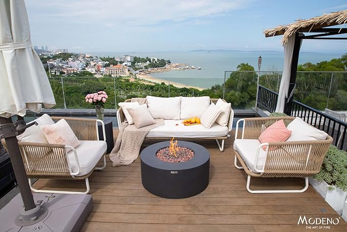 AMS Fireplace | Modeno Venice Package | Black Liquid Propane Gas Fire Pit Table for Outdoor Patio Bundle with Tank Cover, Wind Guard, and SS Burner Lid | Free Rubber Mat & Ice Bucket