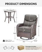 HUMMUH Outdoor Patio Wicker Swivel Rocker Chairs with 6-Inch Thick Cushion High Back 3 PCS Wicker Conversation Set for Porch Balcony Deck