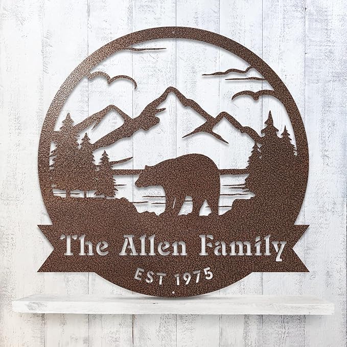 RealSteel Personalized Bear Metal Sign - Custom Outdoor Wall Art with Mountain Scene - Circular Design for Porch, Patio, Lawn & Garden Décor - Textured Silver, 30"