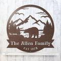 RealSteel Personalized Bear Metal Sign - Custom Outdoor Wall Art with Mountain Scene - Circular Design for Porch, Patio, Lawn & Garden Décor - Rust, 18"
