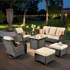 HOOOWOOO Patio Furniture Set,7 Piece Outdoor Furniture Set with Fire Pit Table,Wicker Patio Conversation Couch Swivel Chairs Ottoman Set,Beige