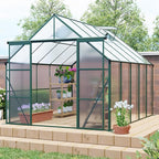 KEIKI 8x10 FT Double Door Polycarbonate Greenhouse with Aluminum Frame,Raised Base and Roof Vent,Walk-in Greenhouses for Patio Garden Backyard