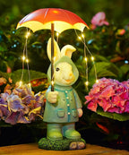 Solar Rabbit Garden Statue Outdoor Decor, Bunny Figurines Lights with Umbrella for Outside Yard Lawn Ornaments,Gifts for Mother's Day Birthday Easter Housewarming