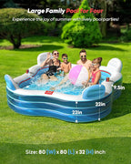 QPAU Inflatable Swimming Pool, Full-Sized Blow Up Pools with Seats and Backrests, Kiddie Pool for Outdoor & Backyard, for Family Summer Time Fun, Jelly Blue