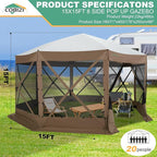 COBIZI 15x15ft Extra Large Pop-Up Gazebo Canopy Tent with Mosquito Netting, Spacious Easy Set-Up Screened Shelter, Durable Outdoor Pavilion with Ground Stakes, Perfect for Patio, Backyard, and Lawn