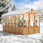 6x12 FT Wooden Greenhouse for Outdoors, Walk-in Greenhouse with 6MM Thick Polycarbonate Panel and Adjustable Roof Vents, Garden Backyard, Wood Colour