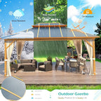 12'x16' Gazebo, YOLENY Outdoor Wood Grain Hardtop Gazebos on Clearance, Aluminum Composite Double Roof with Privacy Curtain and Mosquito Net for Patio, Lawn, Garden, Deck, Gray