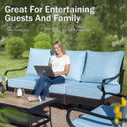 PHI VILLA Outdoor Modern Patio Furniture Set, Upgraded Wicker&Metal Patio Furniture Conversation Set with Waterproof Thick Cushions for Porch, Poolside, Deck, and Yard (5 Pieces,Blue)