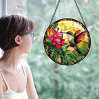 Stained Glass Suncatcher, Hummingbird Red Flowers Green Leaves Sun Catcher Stain Glass Window Hanging Decoration Mother's Day Birthday Gifts for Bird Lover Women Men Mom Nana 15 in