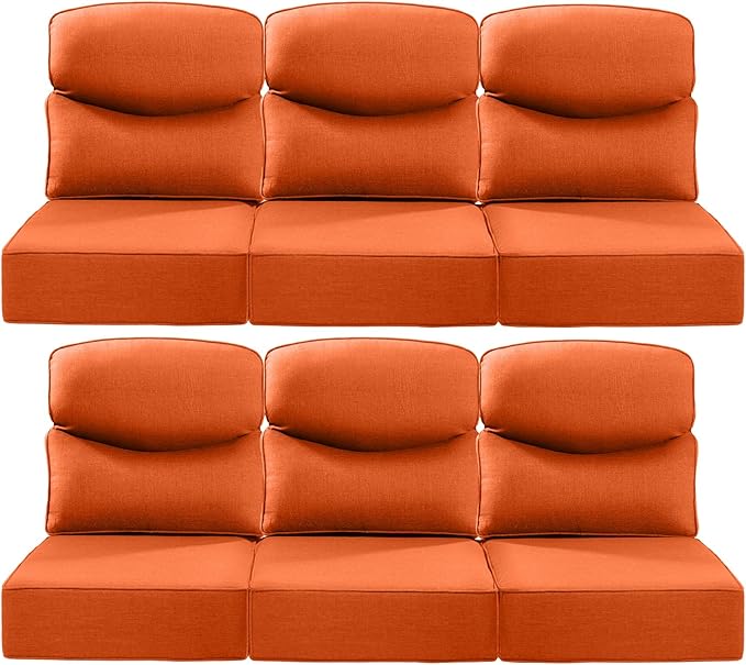 Luxury 22x24/22x25 6-Inch Smile Patio Cushions for Outdoor Furniture Set of 6 - Thick Back & Deep Seat Outside Chair Cushions for Rattan Metal Glider Loveseat Sectional Sofa - Orange