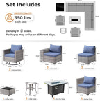 ovios 10 Pieces Patio Furniture Set, Outdoor Wicker Sectional Sofa with 42" Fire Pit Table Swivel Chairs, Modern Modular Deep Seat Rattan Couch Conversation Sets, Denim Blue