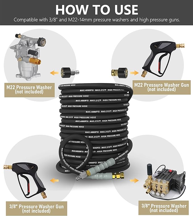 Pressure Washer Hose 50FT 4000 PSI, Kink Resistant Steel Braided Layer & NonMarking Rubber for Hot/Cold Water, High Power Washer Hose With 3/8 Inch Quick Connect & M22 Fitting, Black